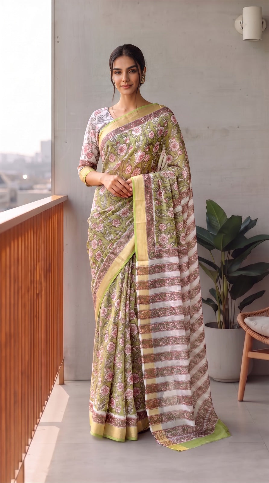Hand Brush Painted Chiffon Saree with Blouse ( CIA82)
