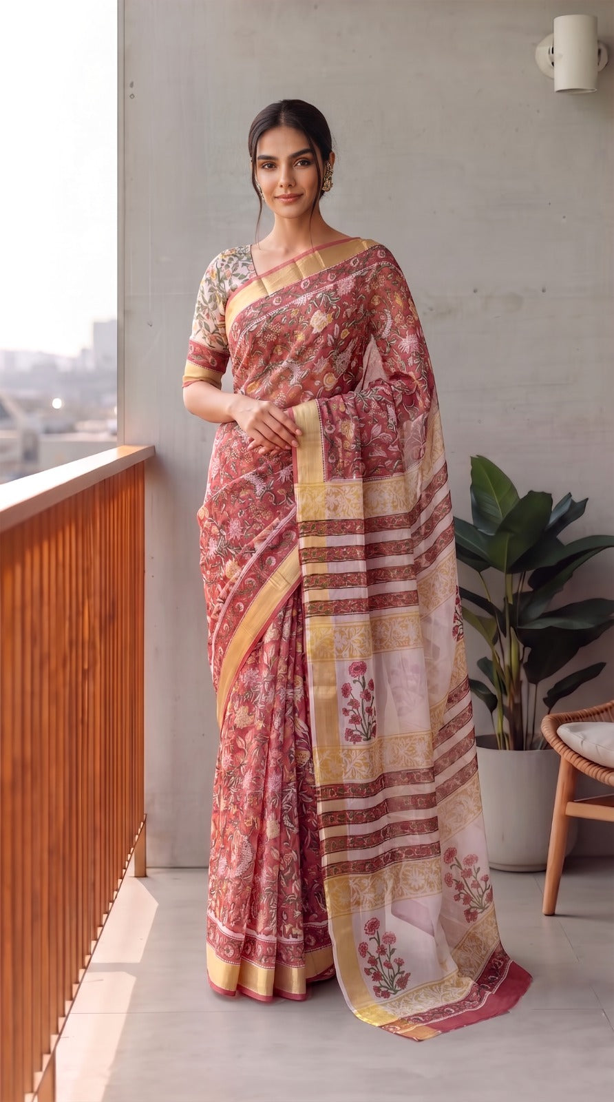 Hand Brush Painted Chiffon Saree with Blouse ( CIA93)