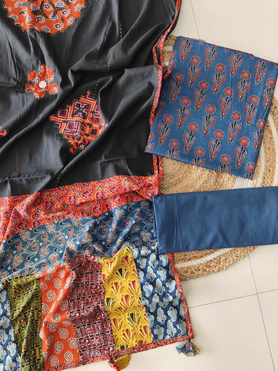 Ajarkh  Print Suit Pcs With Patch Work And Mirror Work Dupatta (ASC74)