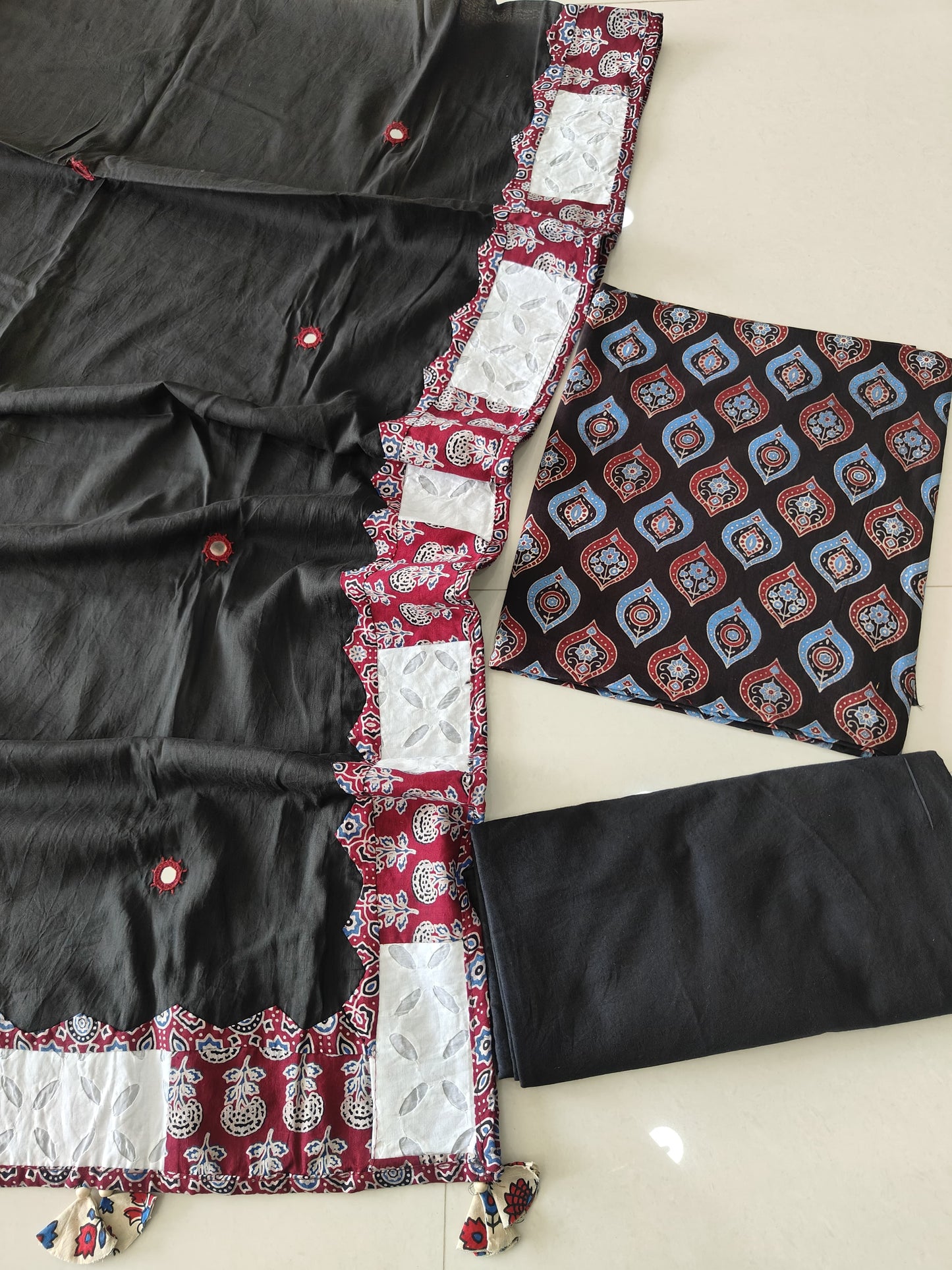 Ajarkh  Print Suit Pcs With Patch Work And Mirror Work Dupatta (ASC76)