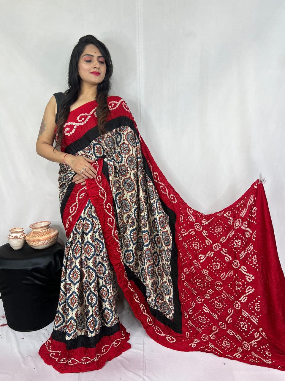 HAND BLOCK PRINTED  BANDHEJ AJRAKH MODAL SILK SAREE (CIX19)