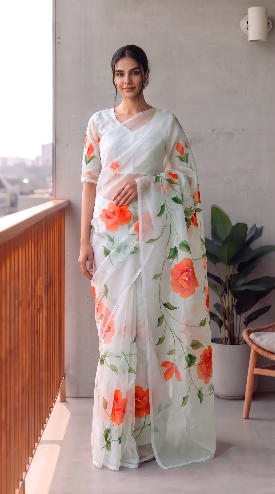 HAND BURSH PAINTED ORGANZA SILK SAREE WITH BLOUSE (CIB49)