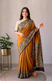 Ajrakh Hand Block Bagru Vanspati Printend Modal Silk Saree with Blouse (CID80)