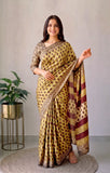 Pomegranate Printed Ajrakh Hand Block Modal Silk Saree with Blouse (CID115)