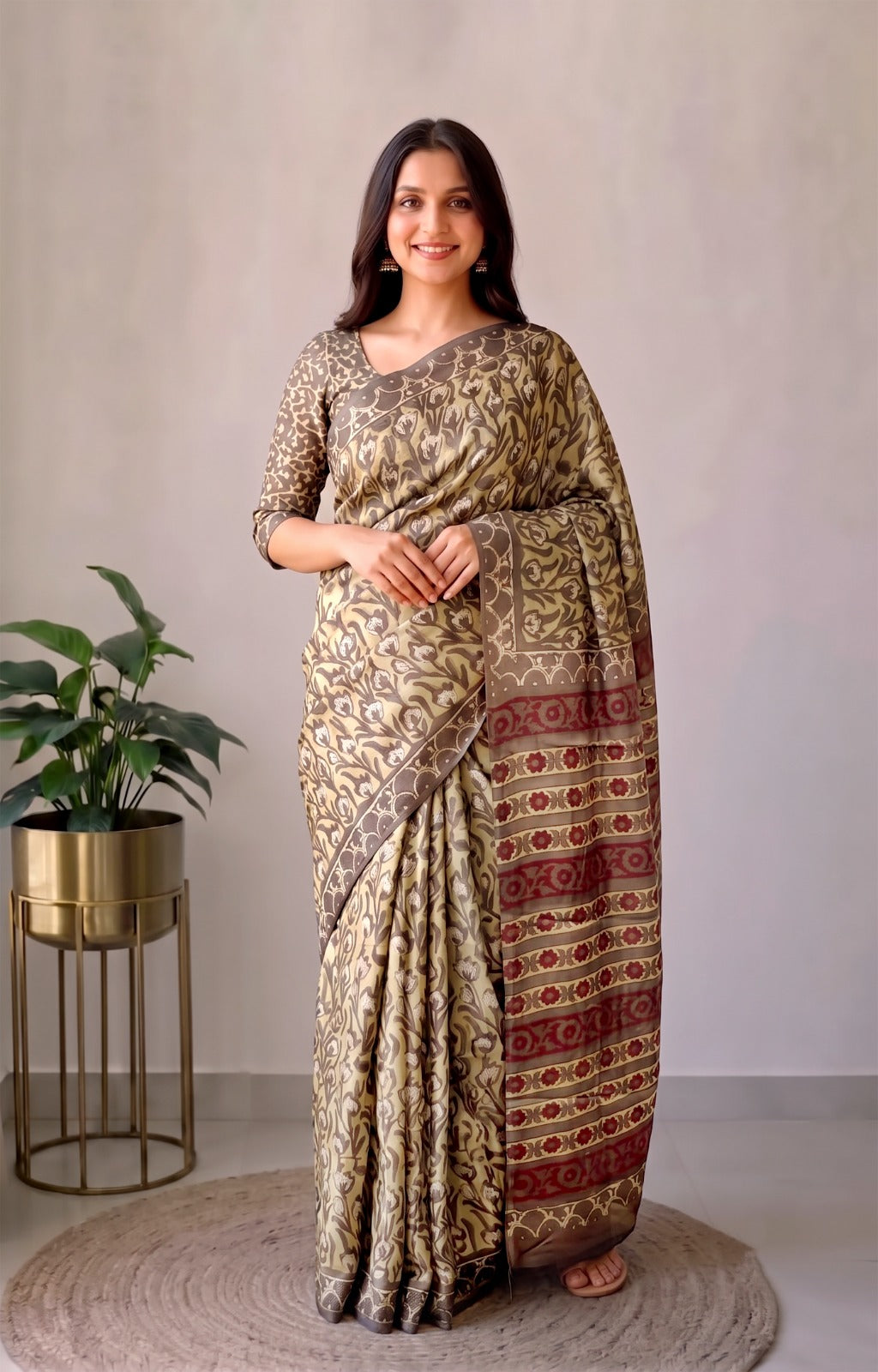 Pomegranate Printed Ajrakh Hand Block Modal Silk Saree with Blouse (CID117)