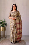 Pomegranate Printed Ajrakh Hand Block Modal Silk Saree with Blouse (CID117)