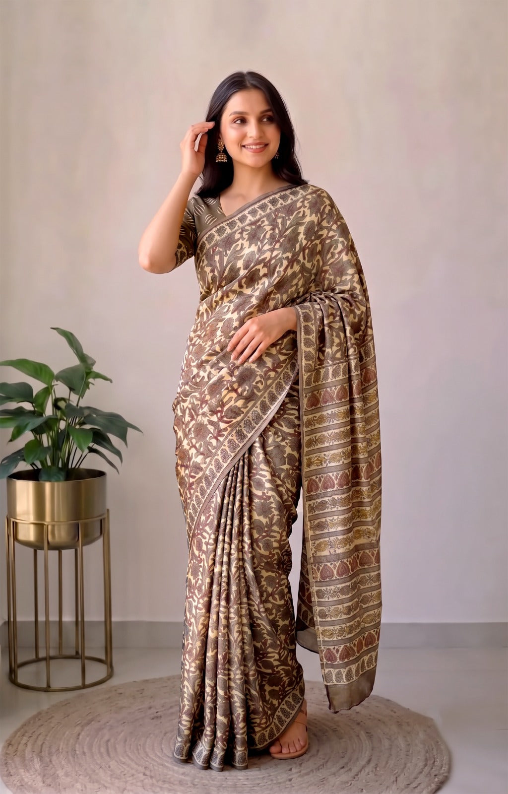 Ajrakh Hand Block Bagru Vanspati Printend Modal Silk Saree with Blouse (CID84)