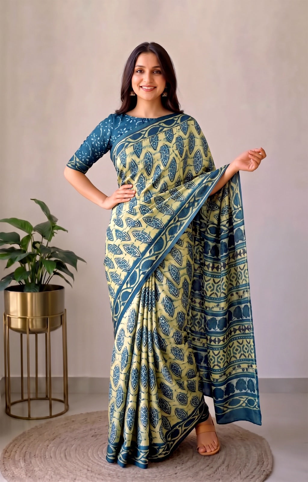 Pomegranate Printed Ajrakh Hand Block Modal Silk Saree with Blouse (CID109)
