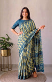 Pomegranate Printed Ajrakh Hand Block Modal Silk Saree with Blouse (CID109)