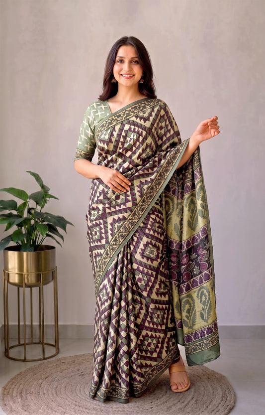 Pomegranate Printed Ajrakh Hand Block Modal Silk Saree with Blouse (CID108)