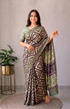 Pomegranate Printed Ajrakh Hand Block Modal Silk Saree with Blouse (CID108)