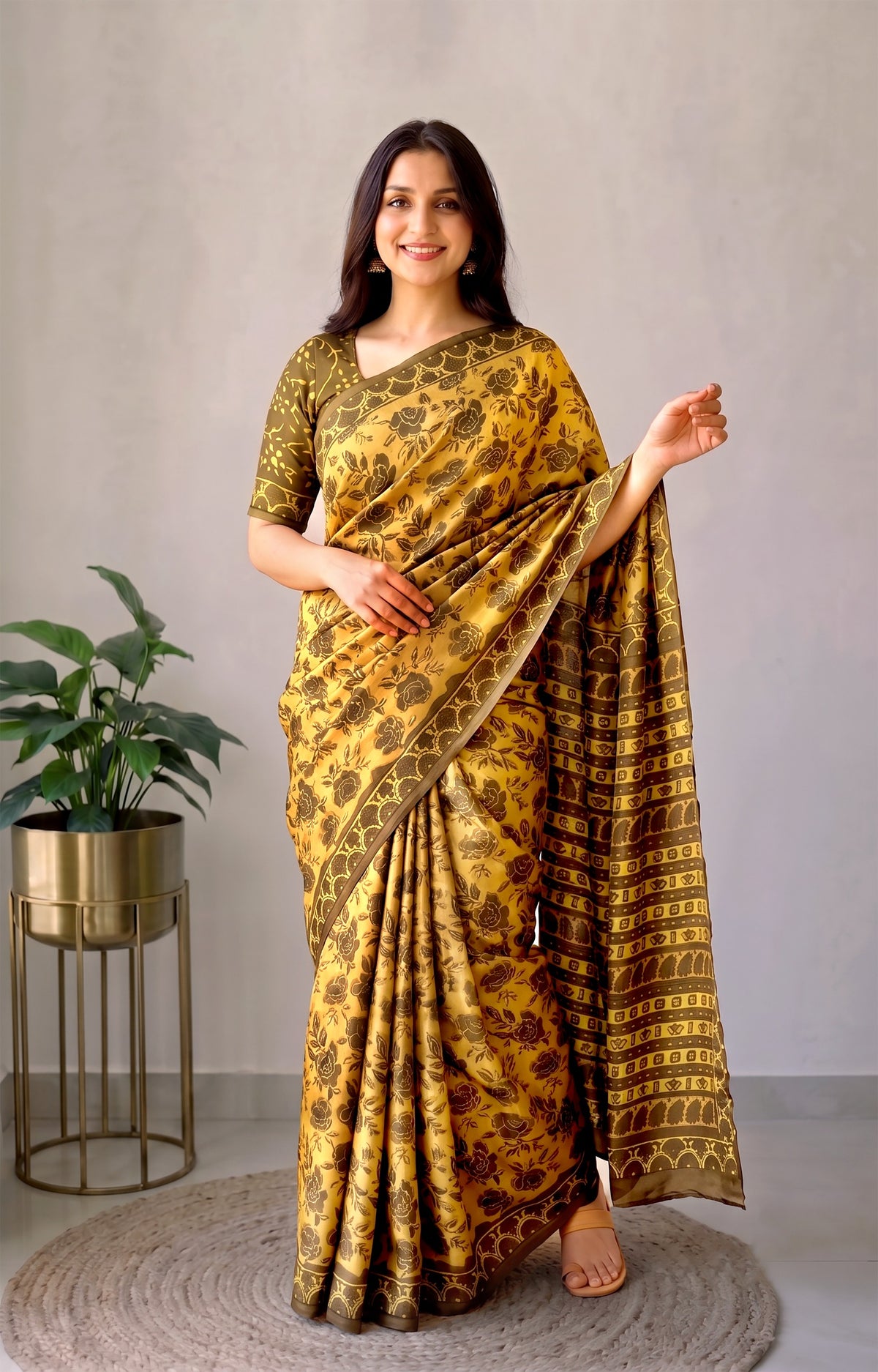 Pomegranate Printed Ajrakh Hand Block Modal Silk Saree with Blouse (CID112)