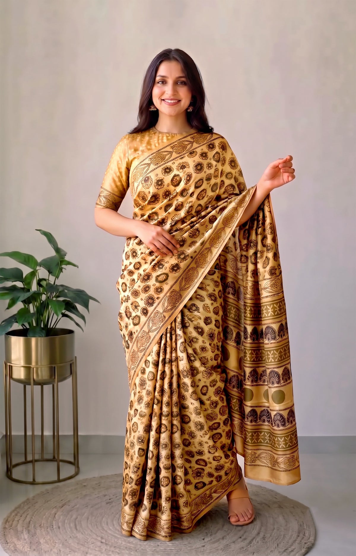 Ajrakh Hand Block Bagru Vanspati Printend Modal Silk Saree with Blouse (CID85)