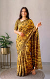 Pomegranate Printed Ajrakh Hand Block Modal Silk Saree with Blouse (CID112)
