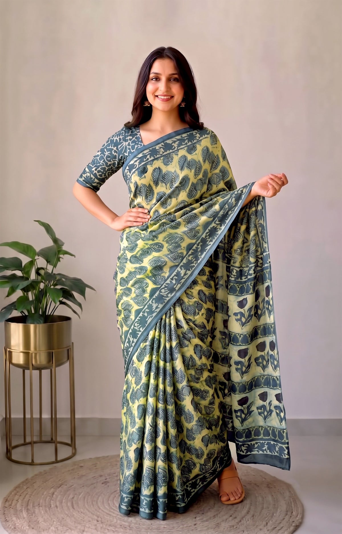 Pomegranate Printed Ajrakh Hand Block Modal Silk Saree with Blouse (CID113)