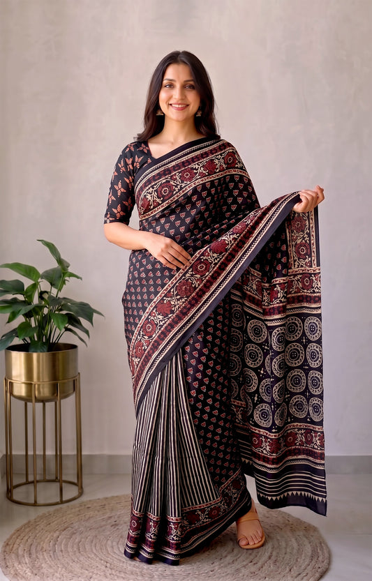 Ajrakh Hand Block Bagru Vanspati Printend Modal Silk Saree with Blouse (CID91)