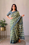 Pomegranate Printed Ajrakh Hand Block Modal Silk Saree with Blouse (CID113)