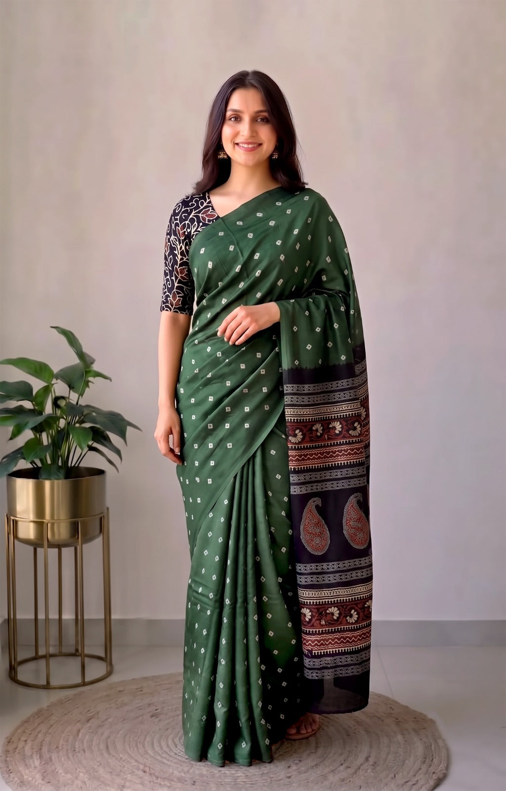 Pomegranate Printed Ajrakh Hand Block Modal Silk Saree with Blouse (CID119)
