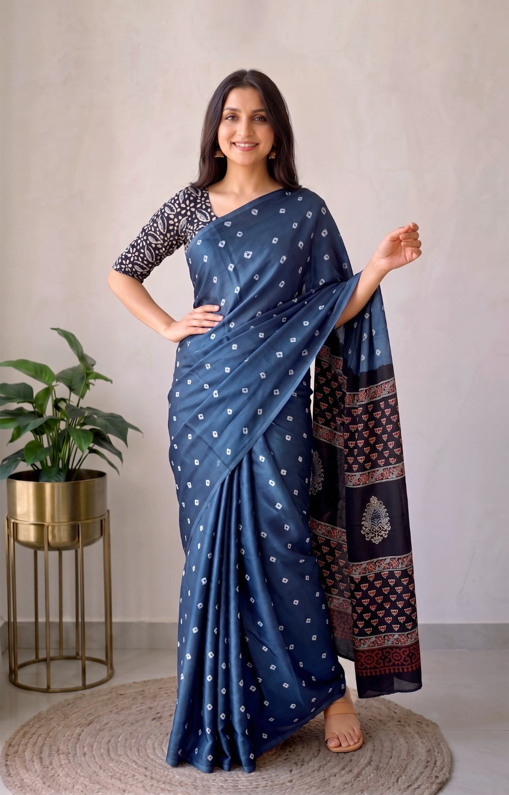 Pomegranate Printed Ajrakh Hand Block Modal Silk Saree with Blouse (CID120)