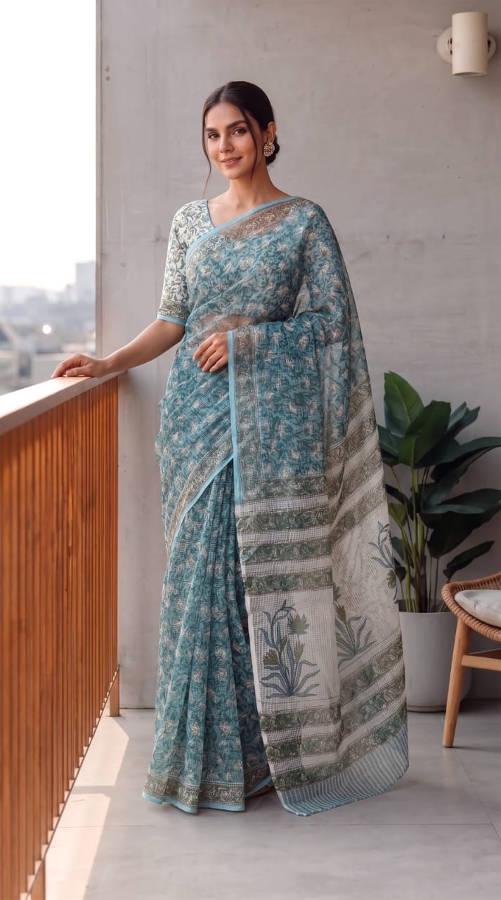 HAND BLOCK BAGRU PRINTED KOTA DORIYA SAREE WITH MULMUL BLOUSE (KDS83)