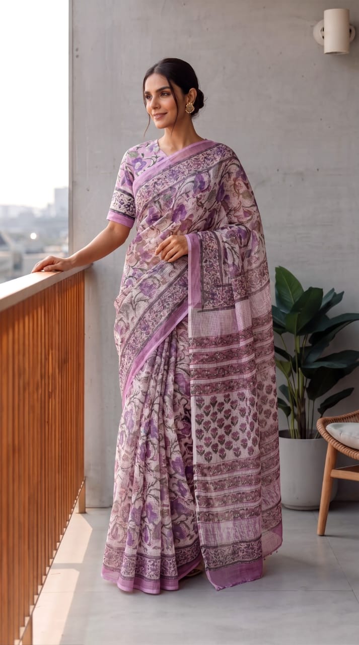 HAND BLOCK BAGRU PRINTED KOTA DORIYA SAREE WITH MULMUL BLOUSE (KDS25)