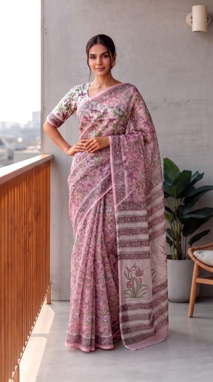 HAND BLOCK BAGRU PRINTED KOTA DORIYA SAREE WITH MULMUL BLOUSE (KDS146)