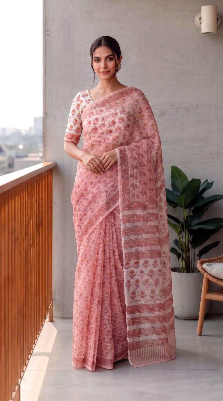 HAND BLOCK BAGRU PRINTED KOTA DORIYA SAREE WITH MULMUL BLOUSE (KDS152)