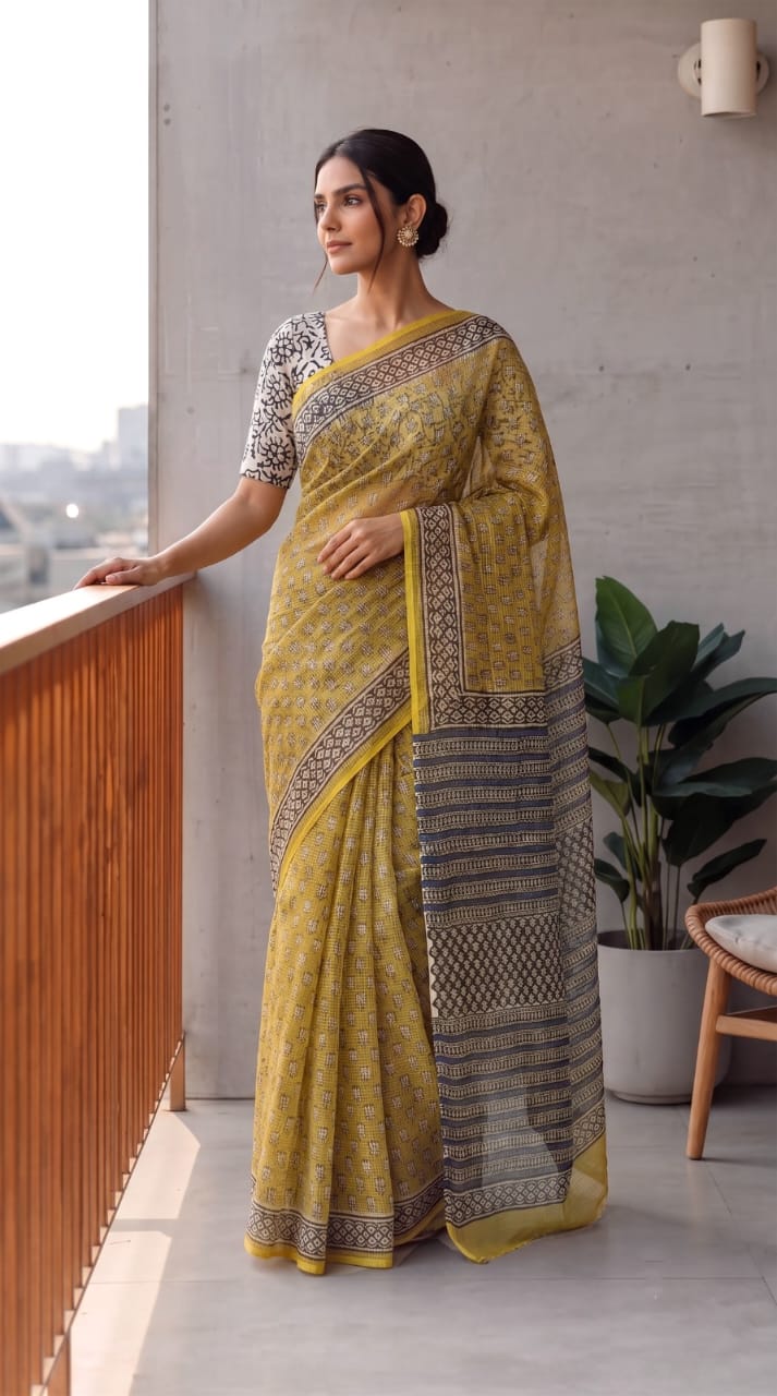 HAND BLOCK BAGRU PRINTED KOTA DORIYA SAREE WITH MULMUL BLOUSE (KDS153)