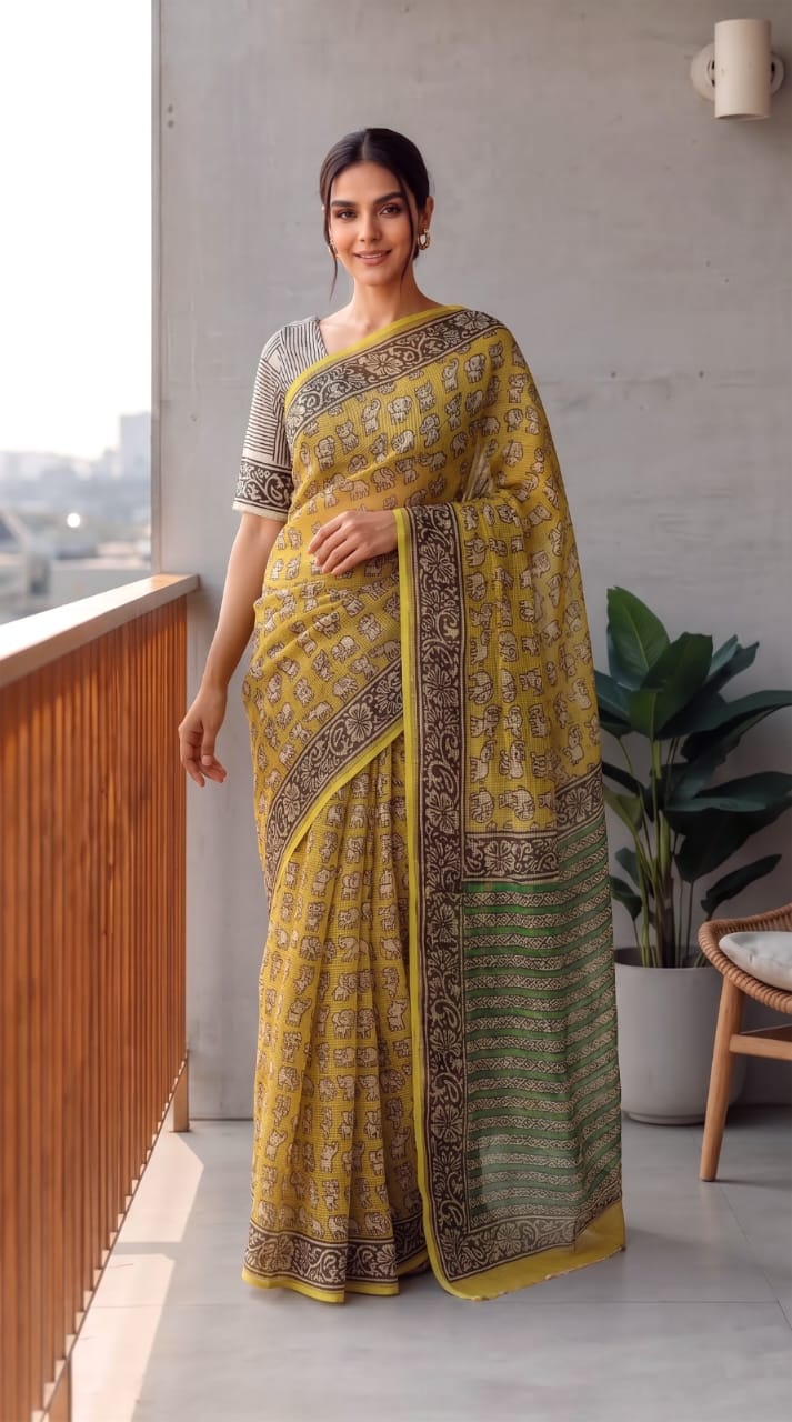 HAND BLOCK BAGRU PRINTED KOTA DORIYA SAREE WITH MULMUL BLOUSE (KDS155)