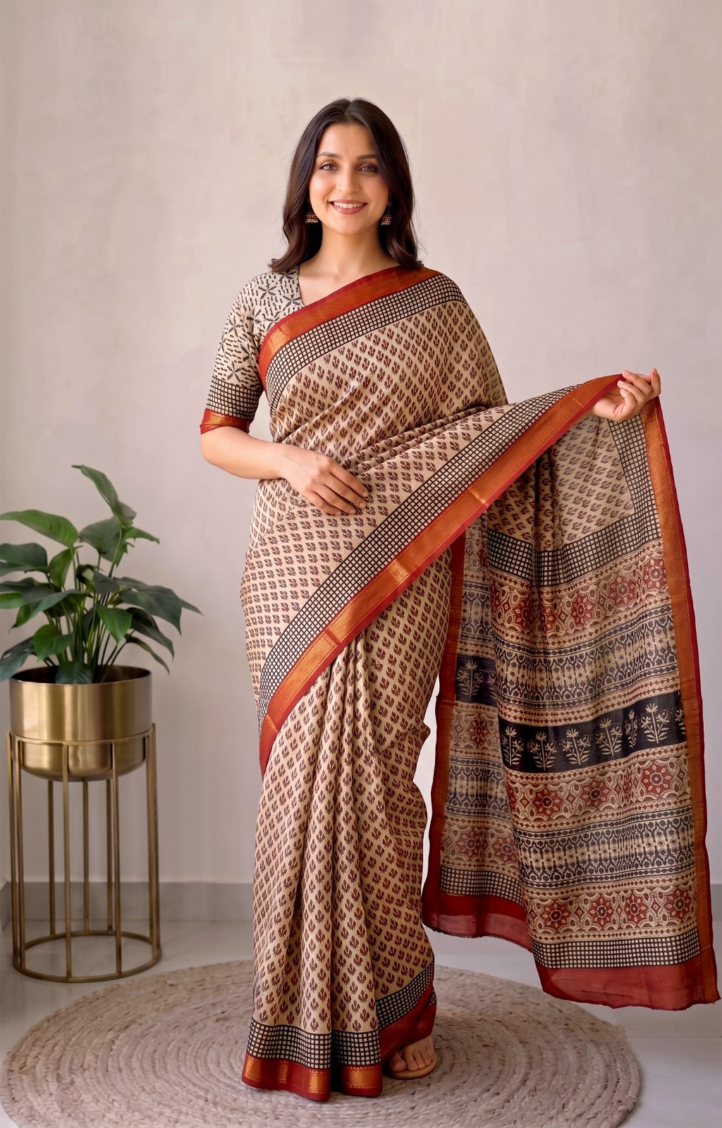 Jaipuri Hand Block Bagru Printed Maheshwari Silk Saree With Blouse (MSS189)