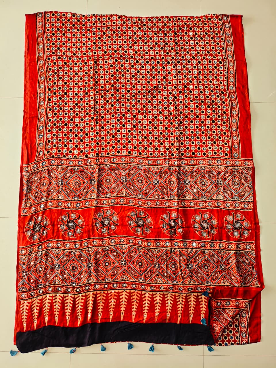 MIRROR WORK HAND BLOCK AJRAKH MODAL SILK SAREE WITH BLOUSE (CIV33)