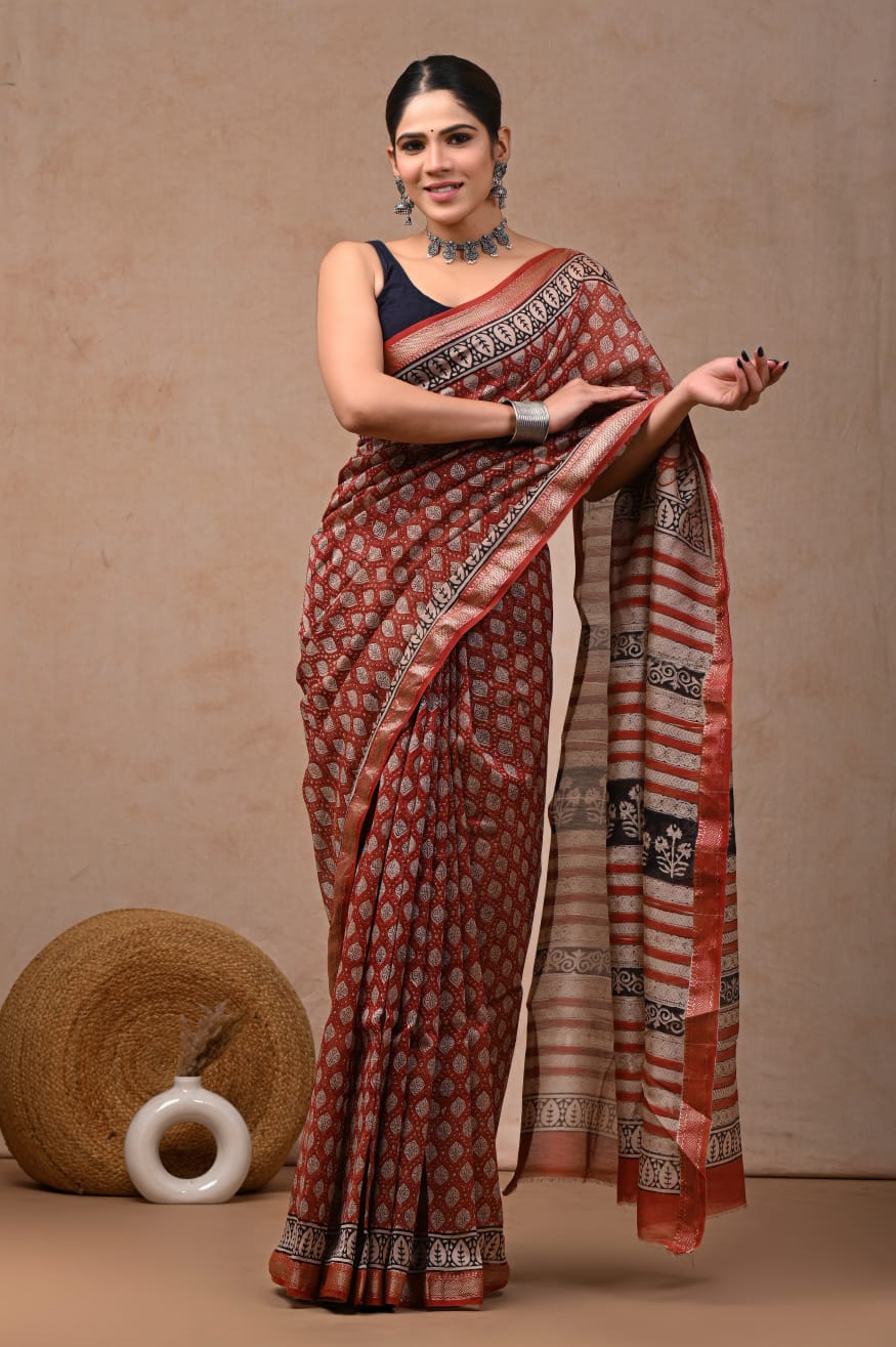 Jaipuri Hand Block Bagru Printed Maheshwari Silk Saree With Blouse (MSS204)
