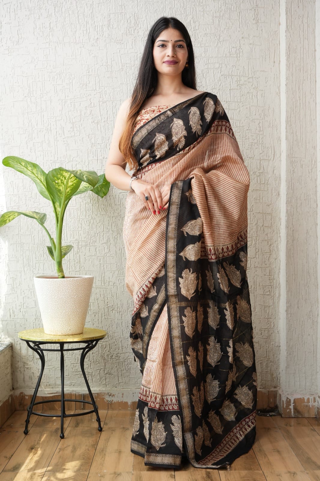 Jaipuri Hand Block Bagru Printed Maheshwari Silk Saree With Blouse (MSS205)