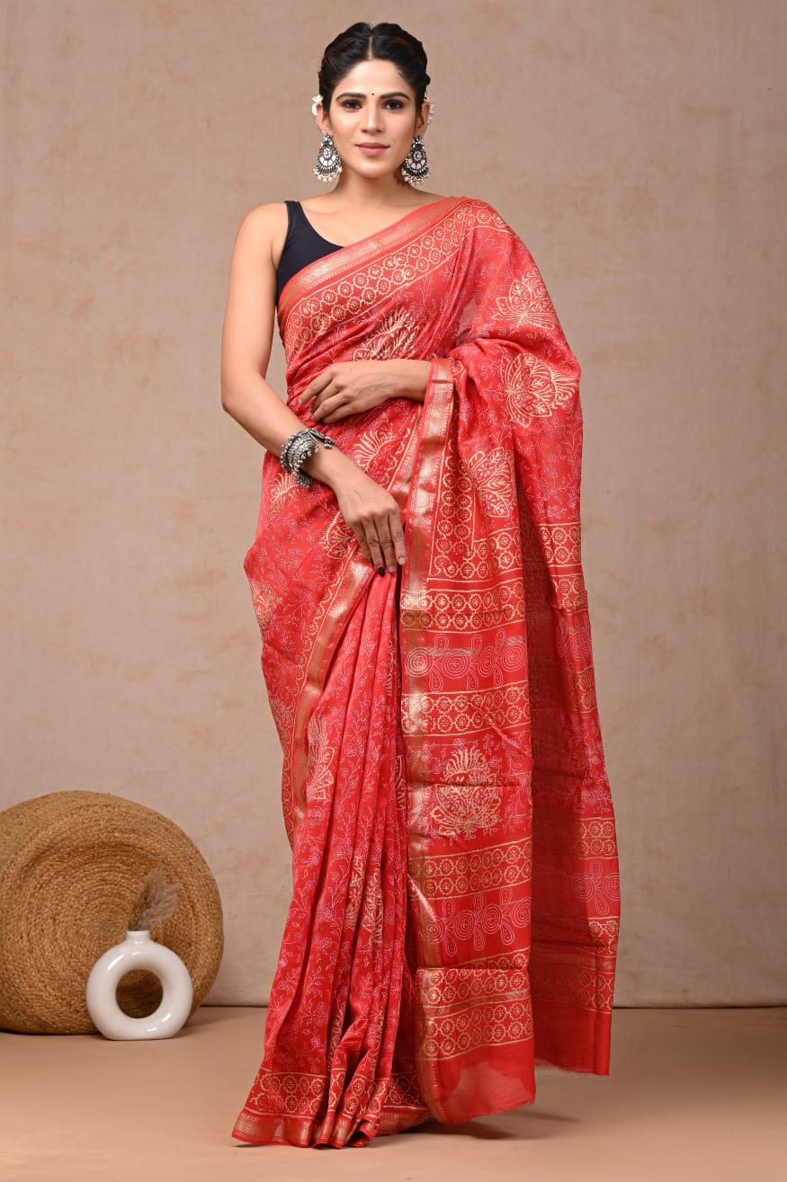Jaipuri Hand Block Bagru Printed Maheshwari Silk Saree With Blouse (MSS207)