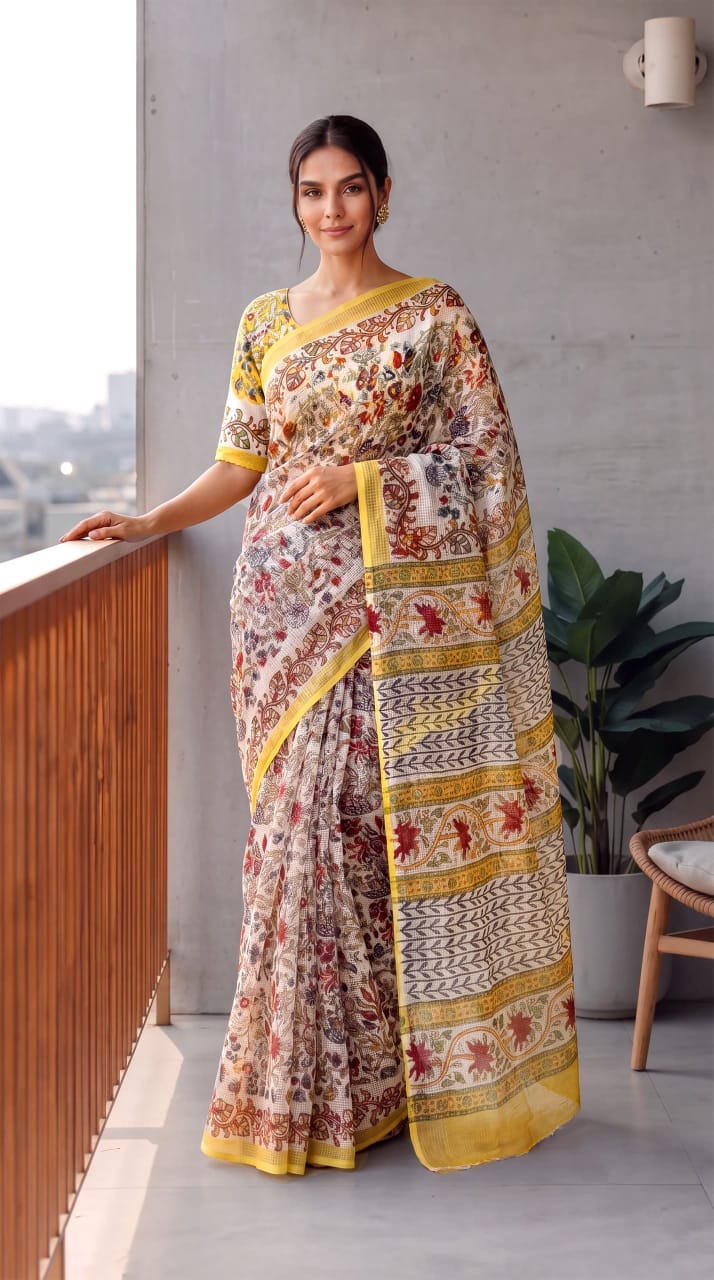 HAND BLOCK BAGRU PRINTED KOTA DORIYA SAREE WITH MULMUL BLOUSE (KDS156)