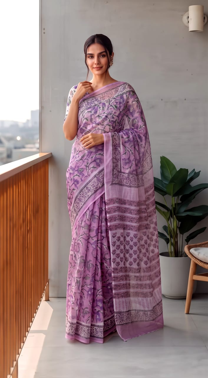 HAND BLOCK BAGRU PRINTED KOTA DORIYA SAREE WITH MULMUL BLOUSE (KDS165)