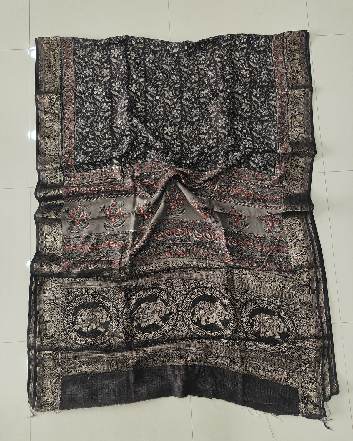 AJRAKH PRINTED PURE DOLA SILK SAREE WITH BLOUSE (MS69)