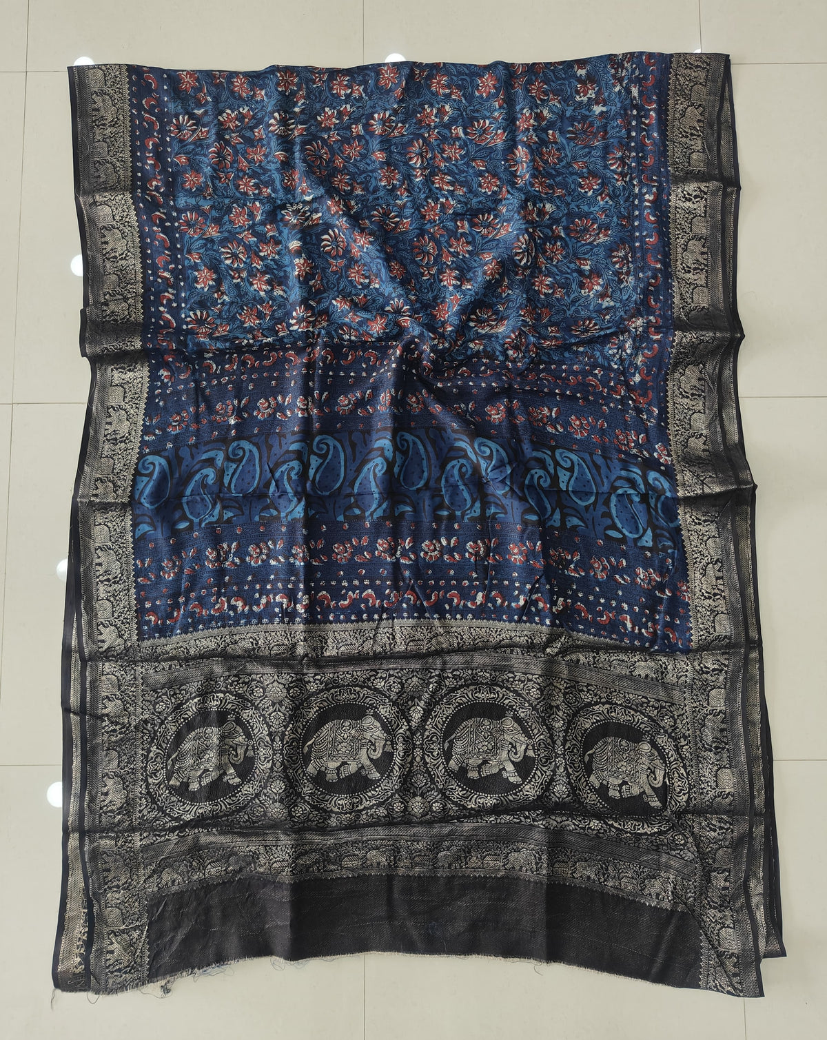 AJRAKH PRINTED PURE DOLA SILK SAREE WITH BLOUSE (MS71)