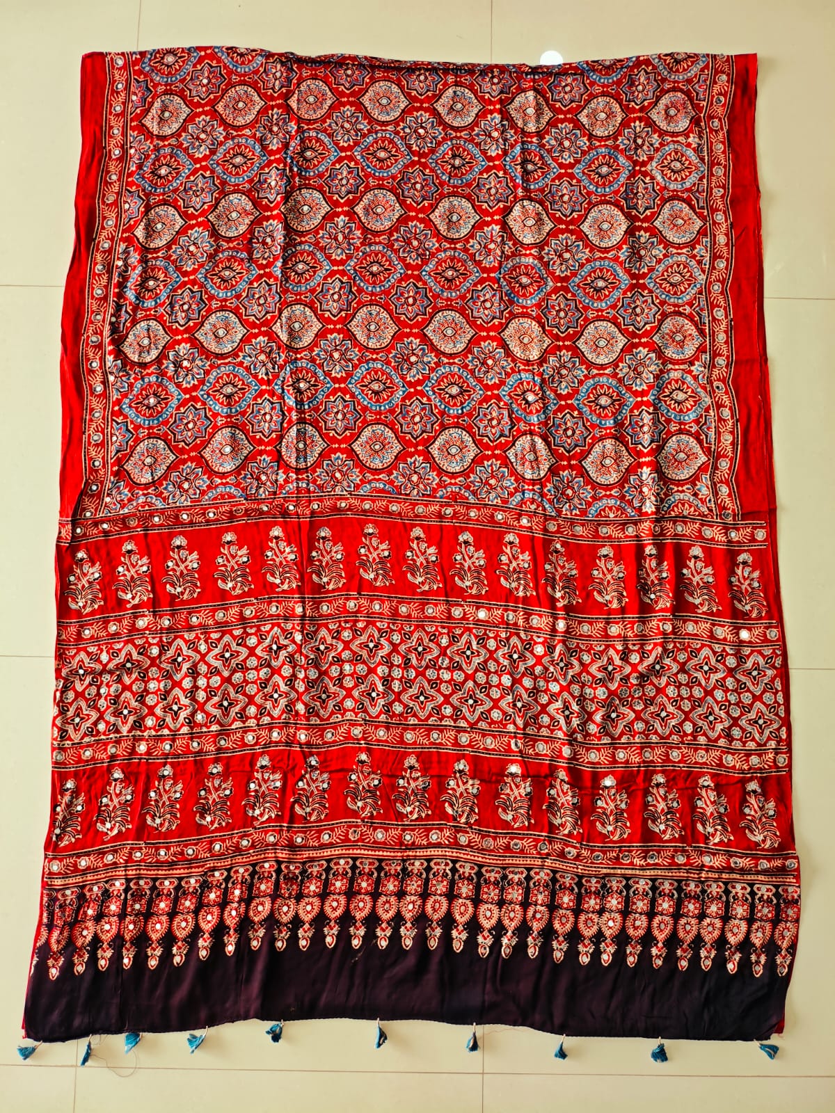MIRROR WORK HAND BLOCK AJRAKH MODAL SILK SAREE WITH BLOUSE (CIV38)