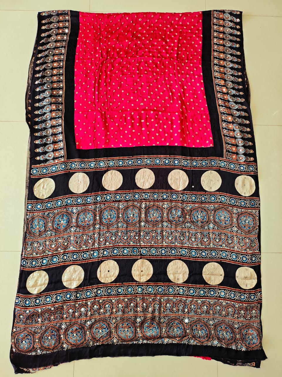 MIRROR WORK HAND BLOCK AJRAKH MODAL SILK SAREE WITH BLOUSE (CIV40)