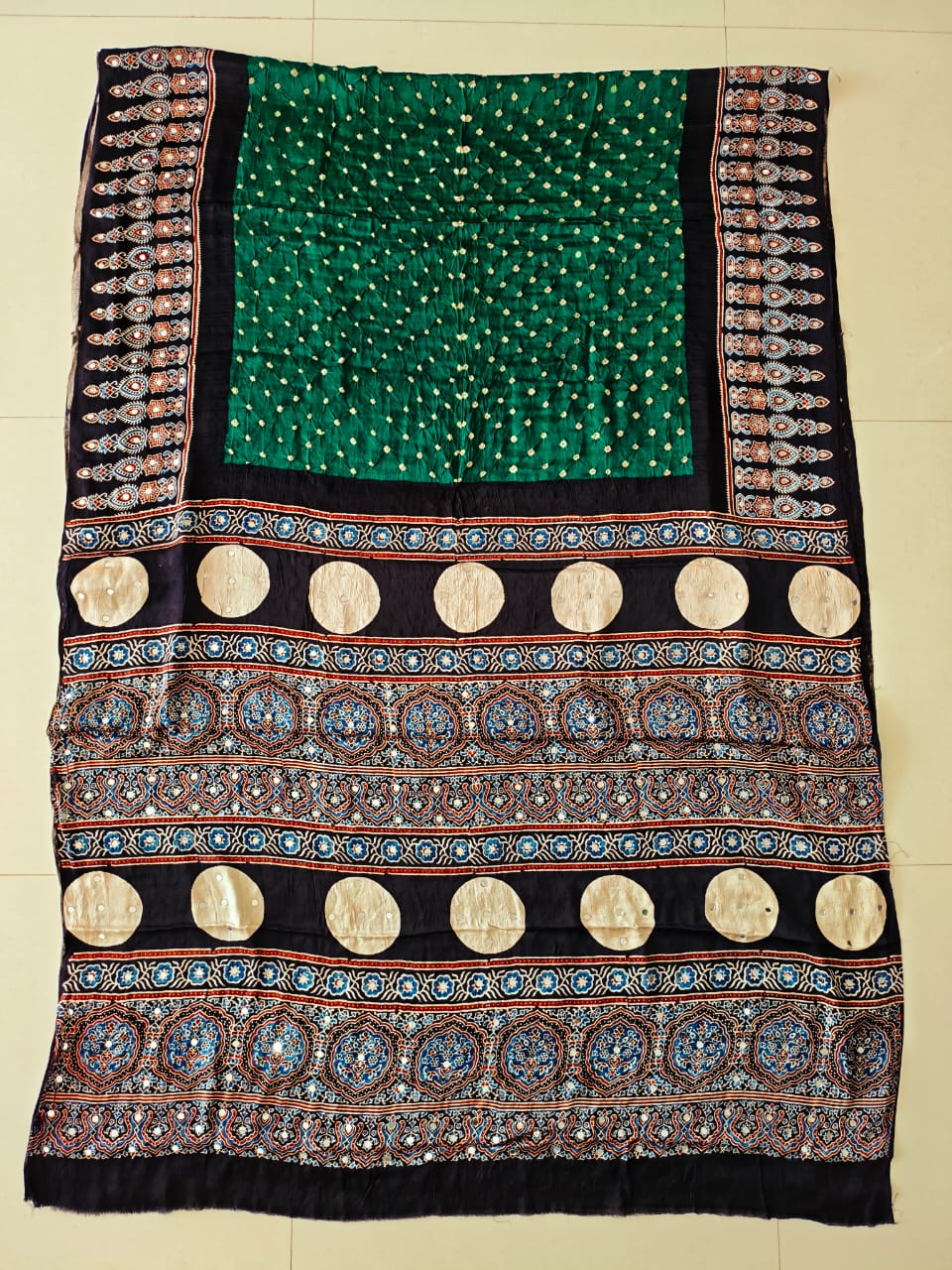 MIRROR WORK HAND BLOCK AJRAKH MODAL SILK SAREE WITH BLOUSE (CIV43)
