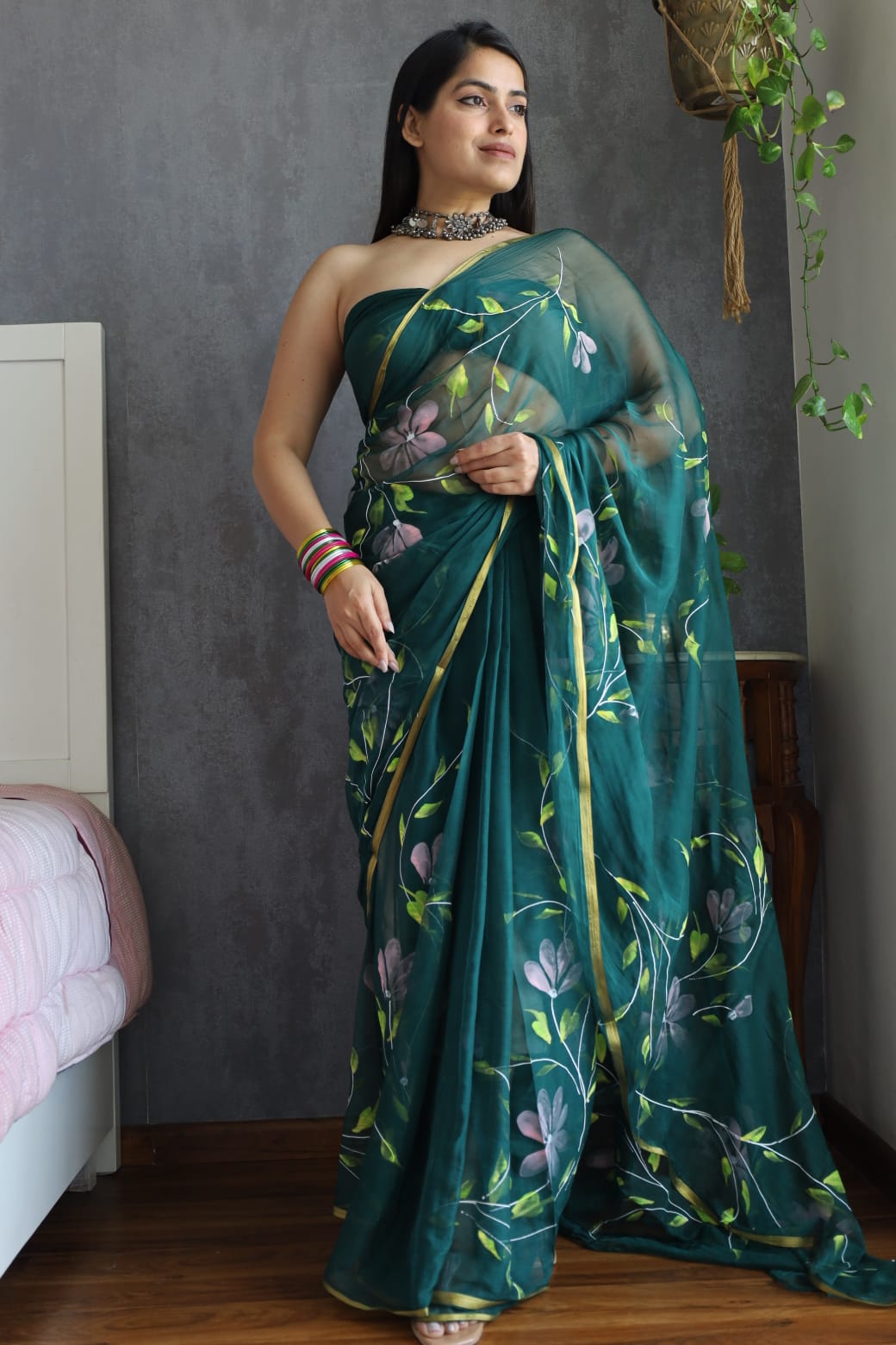 Hand Brush Painted Chiffon Saree with Blouse ( CIA111)