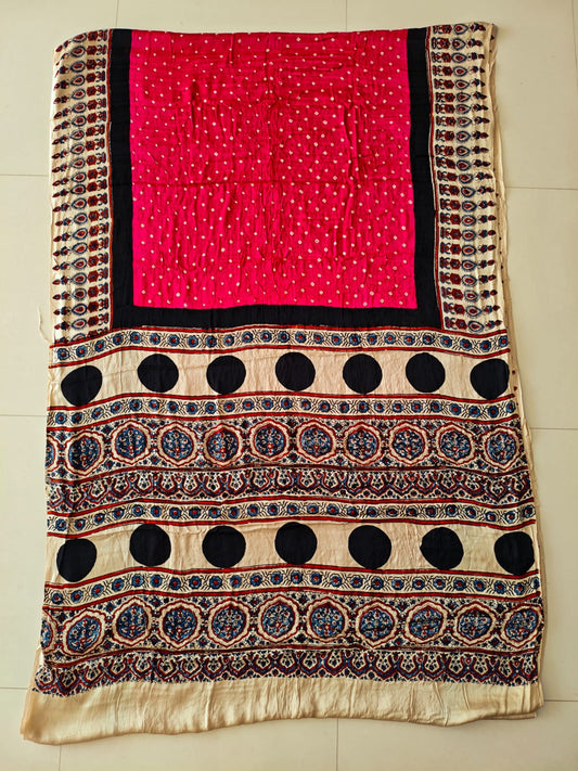 HAND BLOCK PRINTED  BANDHEJ AJRAKH MODAL SILK SAREE (CIX25)