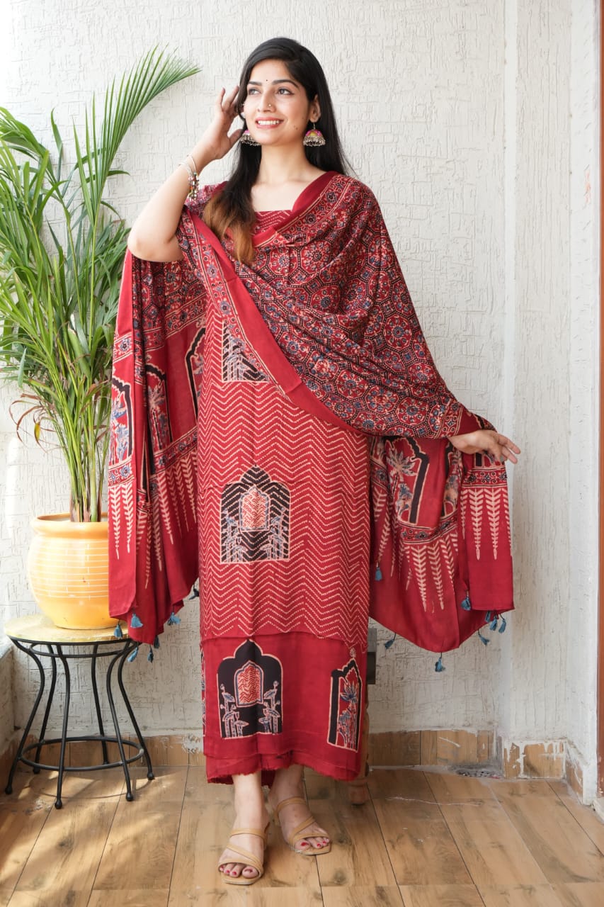 Vanaspati Ajrakh Hand Block Printed Suits Modal Silk Fabric (CIT15)