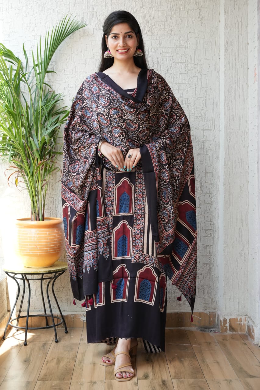 Vanaspati Ajrakh Hand Block Printed Suits Modal Silk Fabric (CIT16)