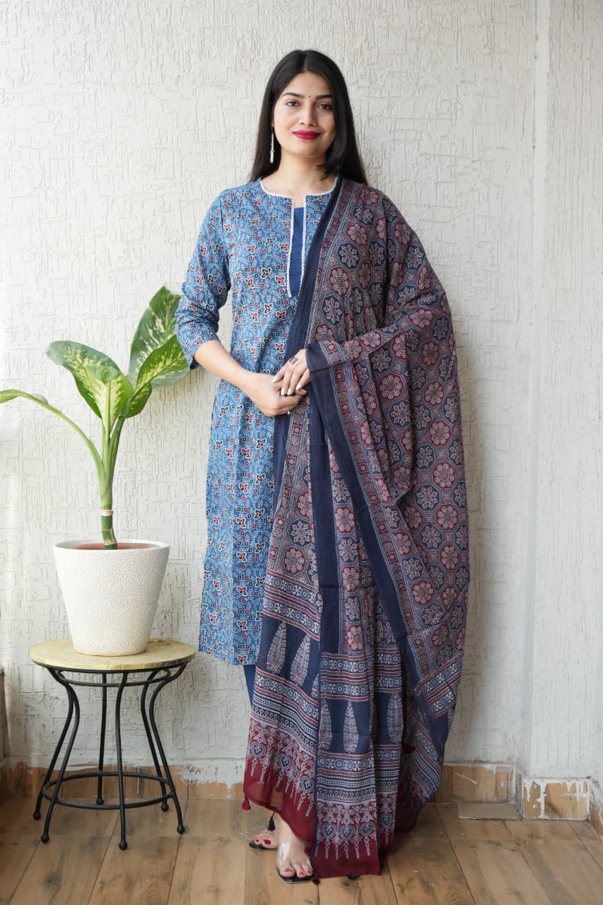 Ajrakh Printed "Stitched" Cotton Suits With Cotton Ajrakh Mulmul Dupatta (ASS2)