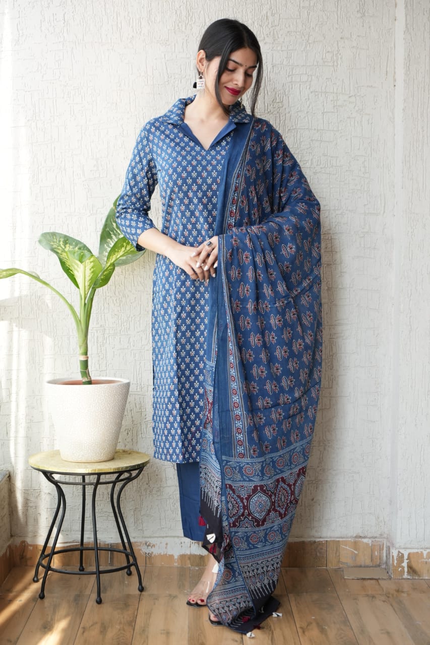 Ajrakh Printed "Stitched" Cotton Suits With Cotton Ajrakh Mulmul Dupatta (ASS3)