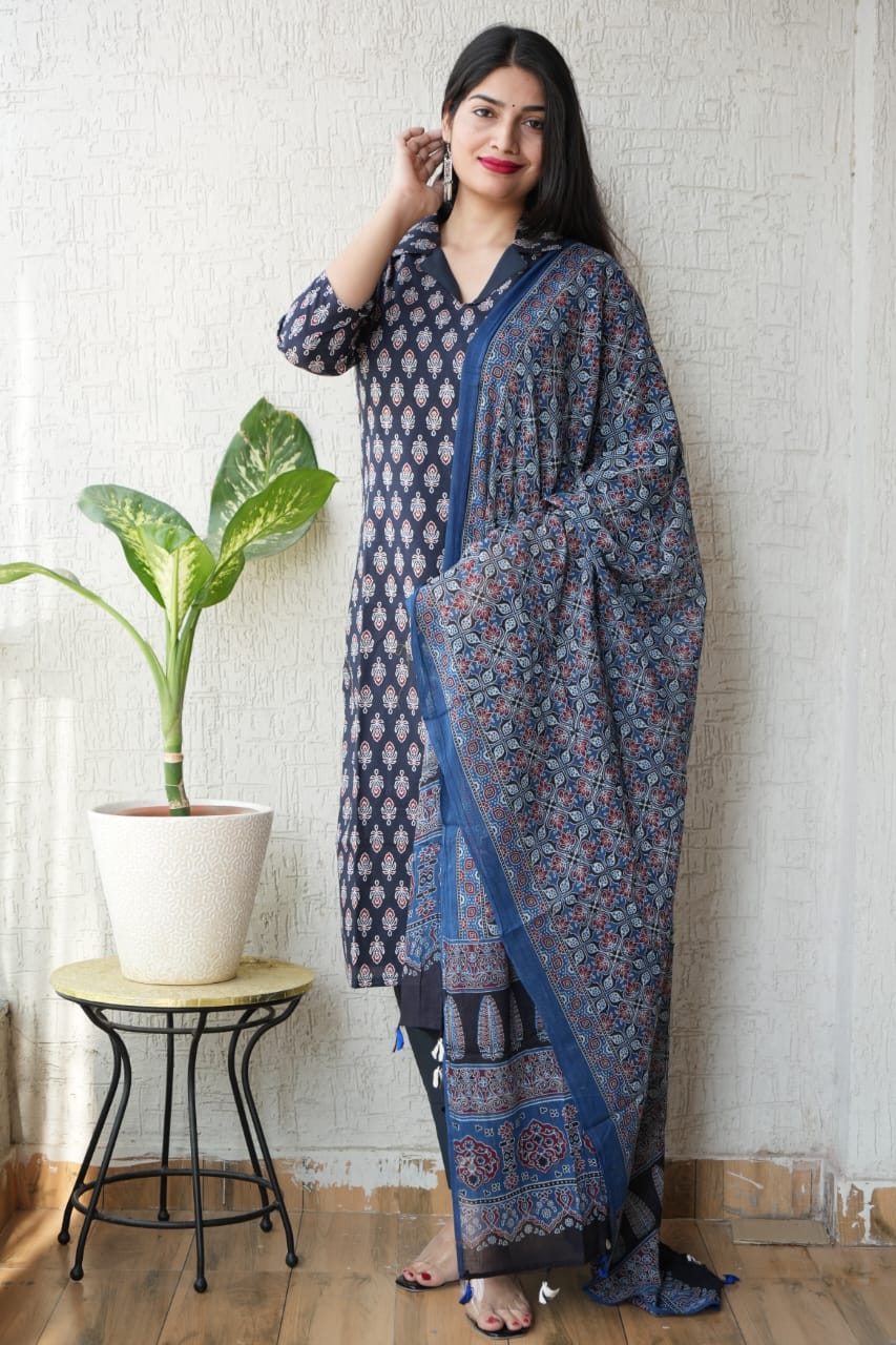 Ajrakh Printed "Stitched" Cotton Suits With Cotton Ajrakh Mulmul Dupatta (ASS4)