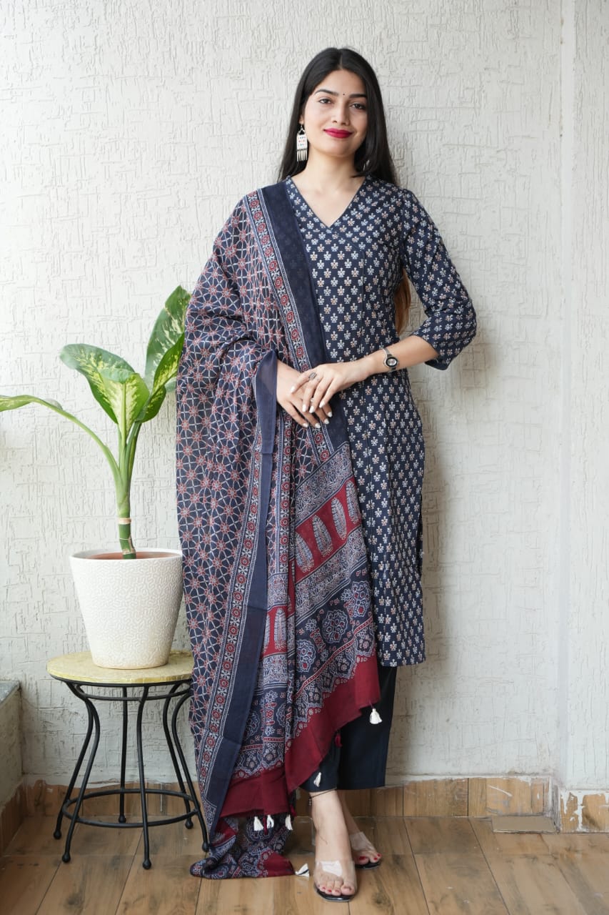 Ajrakh Printed "Stitched" Cotton Suits With Cotton Ajrakh Mulmul Dupatta (ASS1)