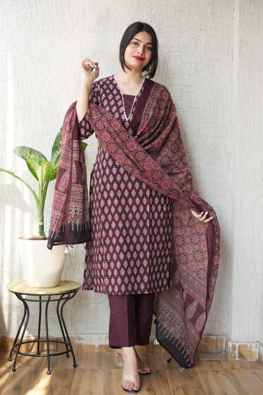 Ajrakh Printed "Stitched" Cotton Suits With Cotton Ajrakh Mulmul Dupatta (ASS8)